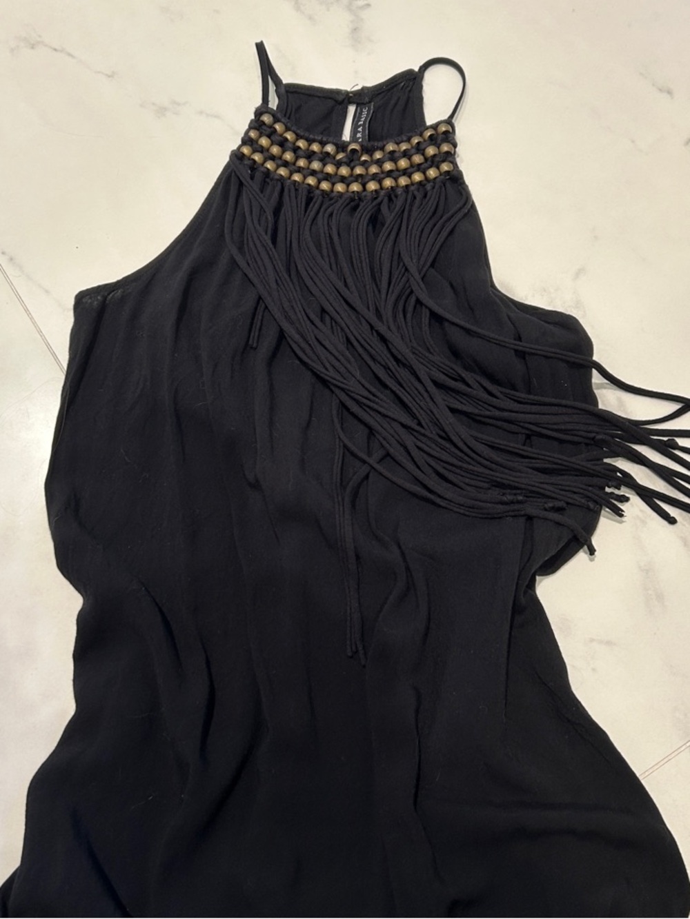 Black Fringe Halter Maxi Dress with Beaded Neckline and Pockets